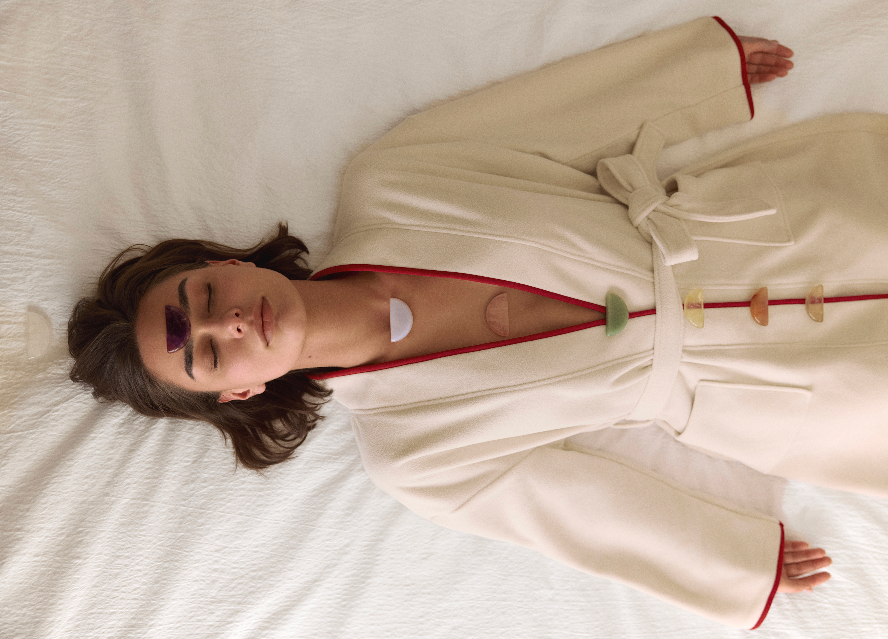 Orblink Full Body Chakra Balancing - Woman Lying with 7 Healing Stones for Complete Energy Alignment Ritual