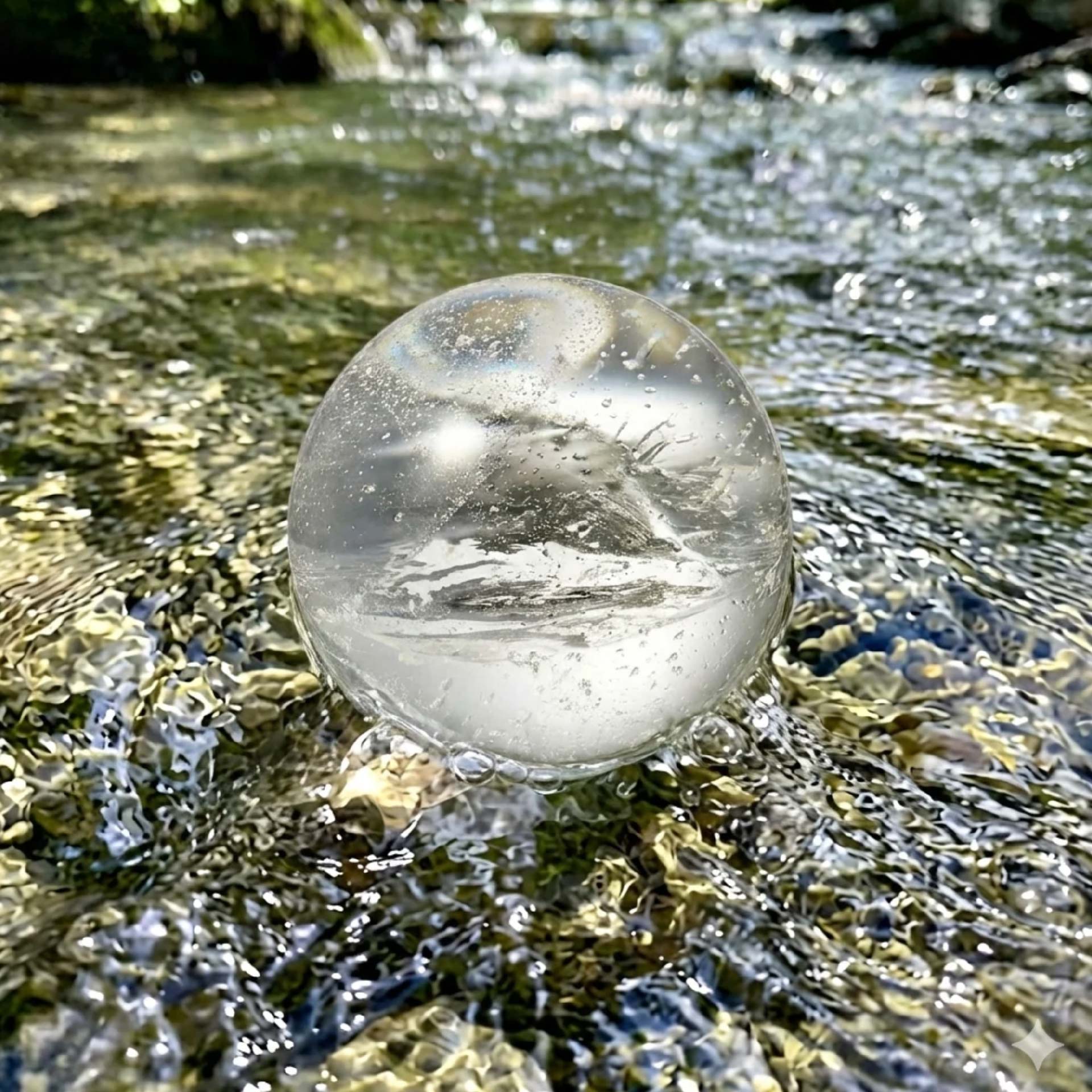 Clear Quartz crystal ball placed in a sunlit natural stream, illustrating the kinetic water cleansing method for healing stones
