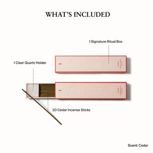 Diagram of included items with a clear quartz holder, signature ritual box, and cedar incense sticks on a white background.