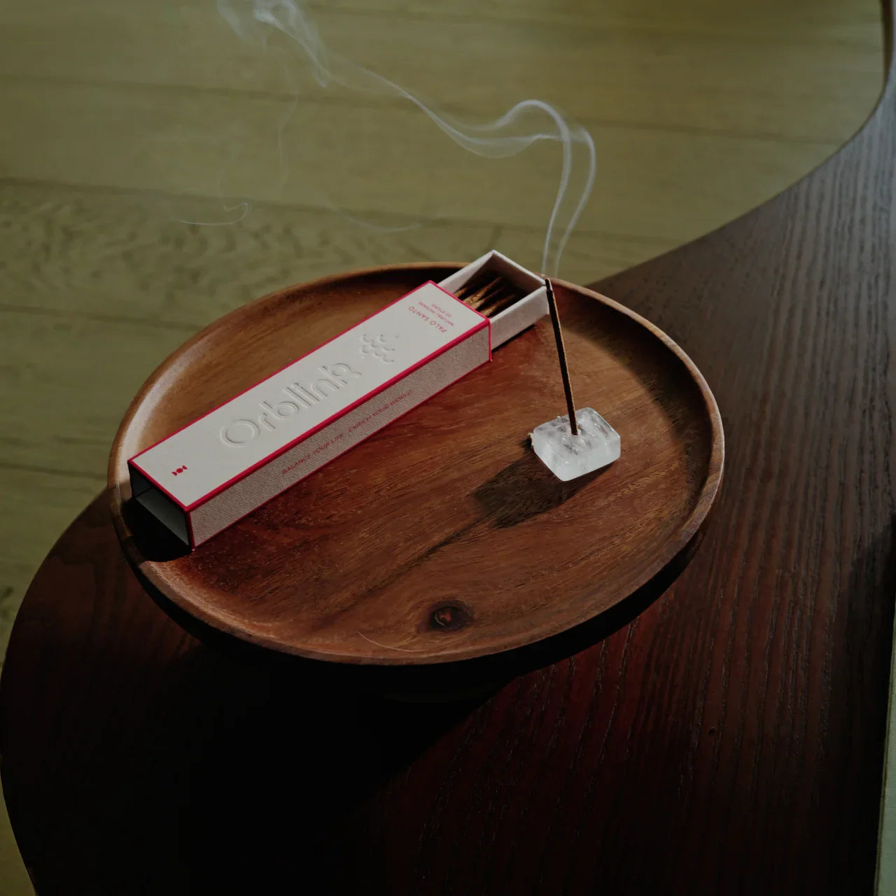 Meditation space with Orblink crystal healing incense burning