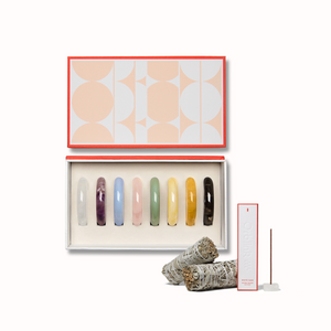 Healing Crystal Set paired with White Sage Incense for space cleansing, energy clearing, and relaxing meditation.